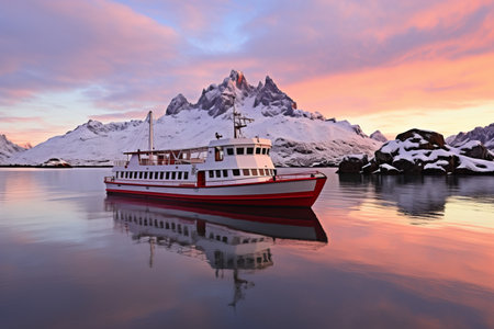 An icebreaker ship sails through the ice in Antarcticaの素材