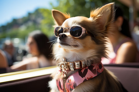 A thoroughbred dog in close-up wearing sunglasses stands on the bow of a yacht sailing on the sea in summerの素材