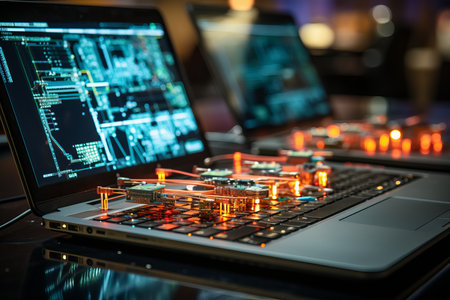 Close-up of a laptop with a glowing led display on the screenの素材