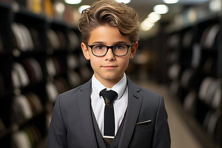 Portrait of a young boy in a black suit and glasses.の素材