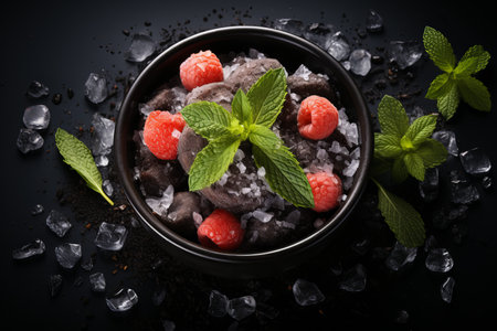 background of floating strawberries and ice on a dark backgroundの素材