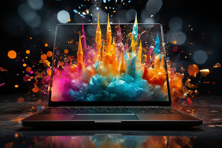Laptop with colorful splashes on the screen. 3d renderingの素材