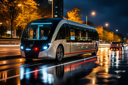 autonomous AI-driven bus on city street with blue lightsの素材