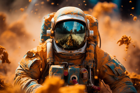 A space astronaut in zero gravity against the background of cosmic dustの素材