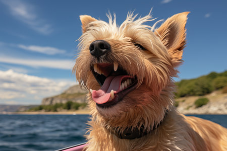A thoroughbred dog in close-up wearing sunglasses stands on the bow of a yacht sailing on the sea in summerの素材