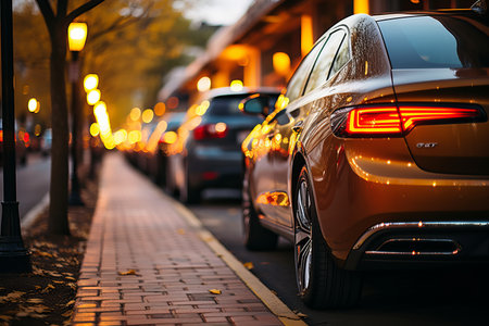 Cars parked in a row on the street in the evening.の素材