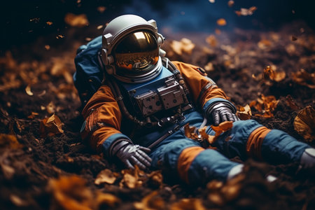 A space astronaut in zero gravity against the background of cosmic dustの素材