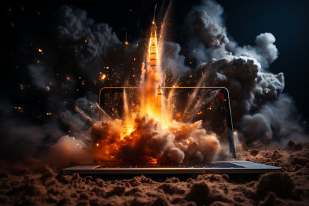 Rocket coming out of a laptop screen on a dark background. 3d rendering.の素材
