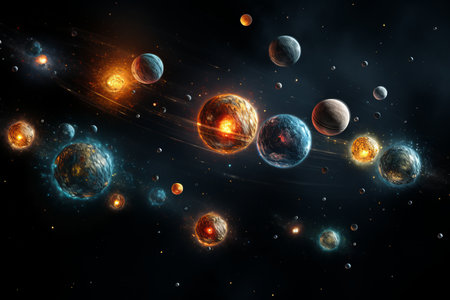 a universe with planets, stars and space satellites.A cluster of planets, black holes in spaceの素材