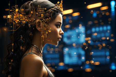 Beautiful young woman with digital circuit on head. 3d renderingの素材