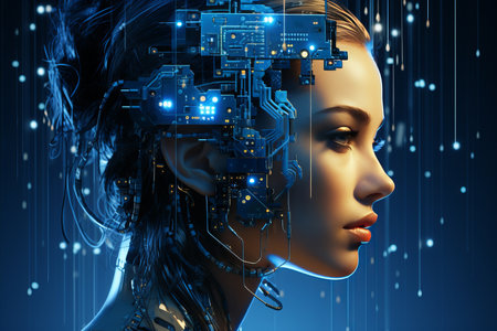 3d rendering of cyborg woman with circuit board on her headの素材