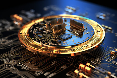 Golden coin with circuit board on black background. 3d illustration.の素材