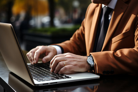 A close up shot of a man in an office working on a laptop.の素材