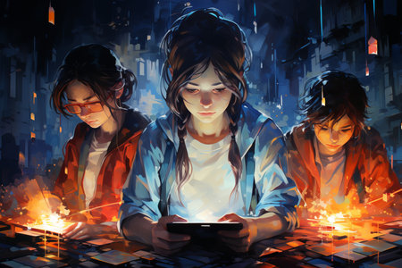 Group of teenagers playing games on tablet pc in abstract city background.の素材