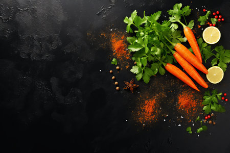 Fresh raw carrots with parsley, lemon and spices on black backgroundの素材