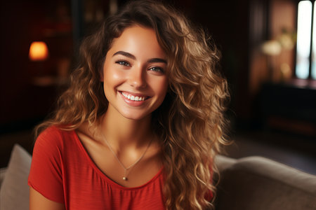 Portrait of a beautiful young woman with curly hair, smiling and looking at camera.の素材