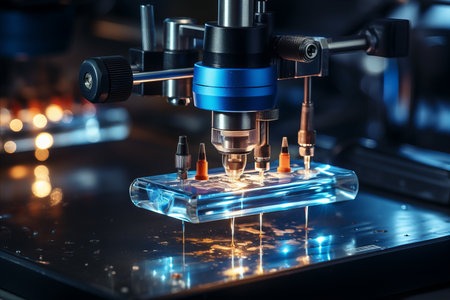 Close-up of 3D printer working with liquid in laboratory.の素材