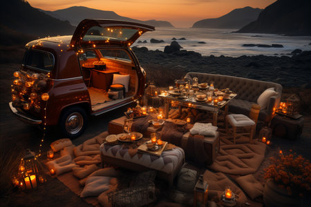 tourists came to the sea by car and relax with the whole family, there is a table with foodの素材
