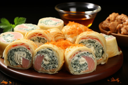 Delicious vietnamese pancakes with flavorful stuffing and exquisite red caviar toppingの素材