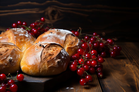 freshly baked bakery products on a blackboard, on a dark backgroundの素材