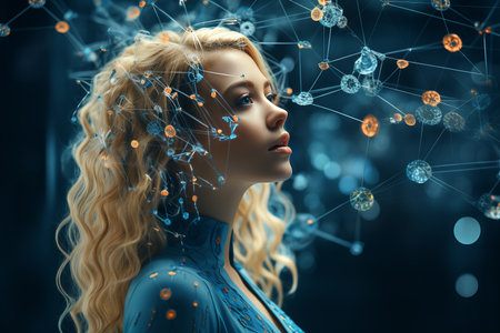 Futuristic technology concept. Portrait of beautiful young woman in futuristic space.の素材