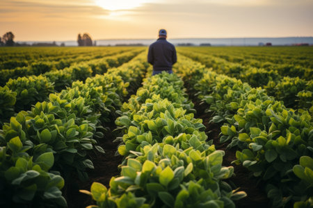 Smart farming concept, A farmer holding smartphone using management farming to manage water, soil quality and monitor weatherの素材