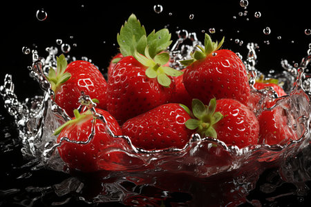 background of floating strawberries and ice on a dark backgroundの素材