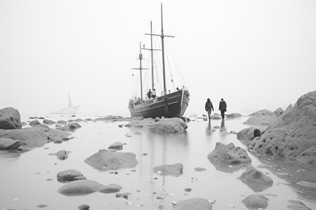 Black and white image of a boat in the sea on a foggy dayの素材