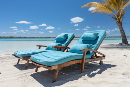 A tranquil beachfront with loungers and palm trees sets the stageの素材