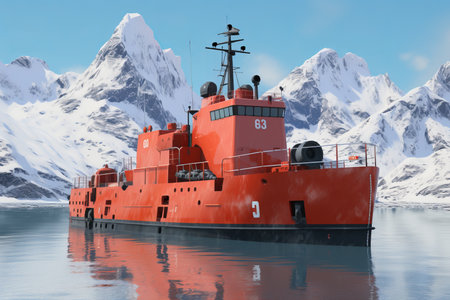 An icebreaker ship sails through the ice in Antarcticaの素材