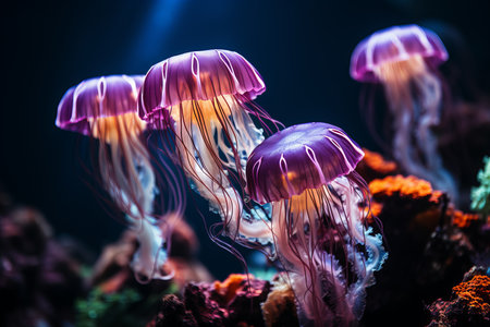 a flock of colorful jellyfish under water, in the dark, glow in different colorsの素材
