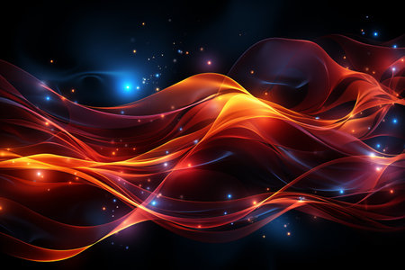 A wave of dots and a tangle of lines. Abstract colorful background for cyberspace-themed designの素材