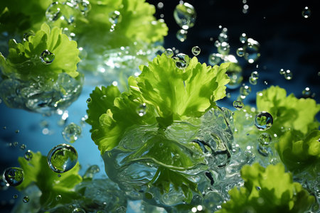 a background of flying slices of vegetables with splashes of water on a blue backgroundの素材