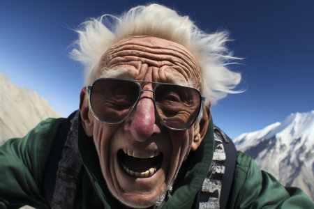 Funny senior man with long white hair and sunglasses in the mountainsの素材
