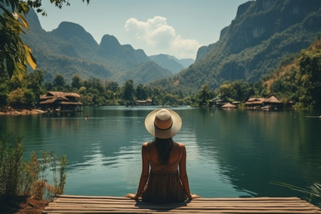 Travel summer vacation concept, Happy solo traveler Asian woman with hat relax and sightseeing on Thai longtail boatの素材