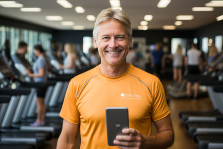 Happy athletic man using mobile phone while working out in gym and looking at cameraの素材