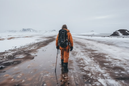 Ski adventure in snowy terrain hiker embracing hiking in winter wonderland, snow covered travel nature mountainsの素材