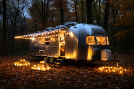 Camping in the woods, campfire, motor home. Active recreation conceptの素材