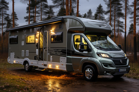 Camping in the woods, campfire, motor home. Active recreation conceptの素材
