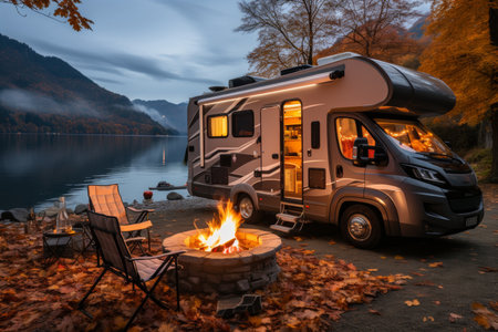 Camping in the woods, campfire, motor home. Active recreation conceptの素材