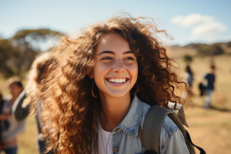 Portrait of a smiling young woman with backpack standing in the fieldの素材