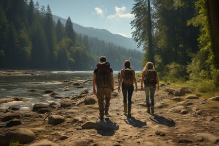 Rear view of a group of hikers walking along a mountain riverの素材