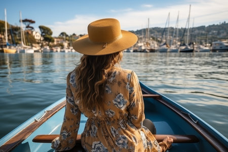Travel summer vacation concept, Happy solo traveler Asian woman with hat relax and sightseeing on Thai longtail boatの素材