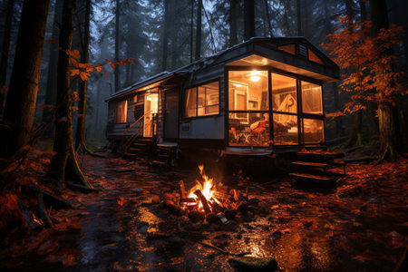 Camping in the woods, campfire, motor home. Active recreation conceptの素材