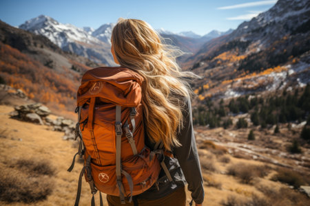 Back view of woman hiker with backpack hiking in autumn mountains.の素材