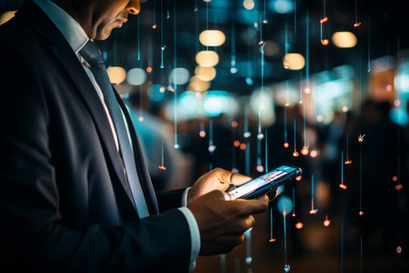 Businessman using mobile smart phone with night city light bokeh backgroundの素材