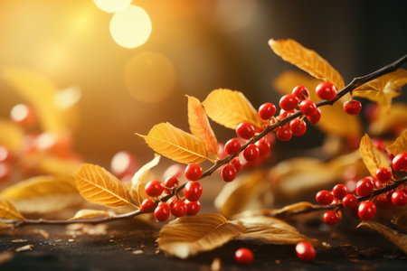 Autumn background with red berries and yellow leaves on a dark backgroundの素材