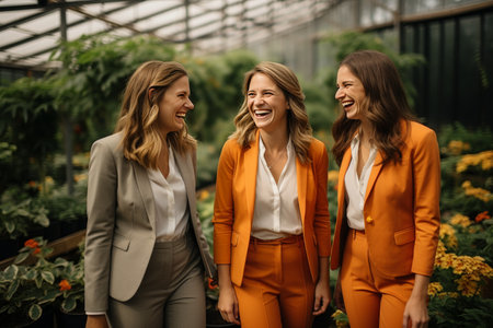 Happy positive female colleagues joking and laughing during coffee break in work place. Smiling business team talking, having fun and enjoying conversation in the officeの素材