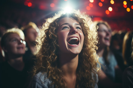 Photo for group of diverse friends laughing while watching a movie in the cinema - Royalty Free Image