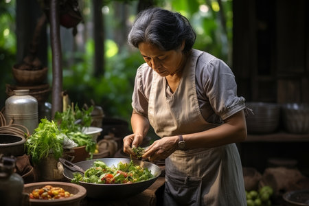 Asian senior woman preparing vegetable salad in the kitchen at home, selective focusの素材